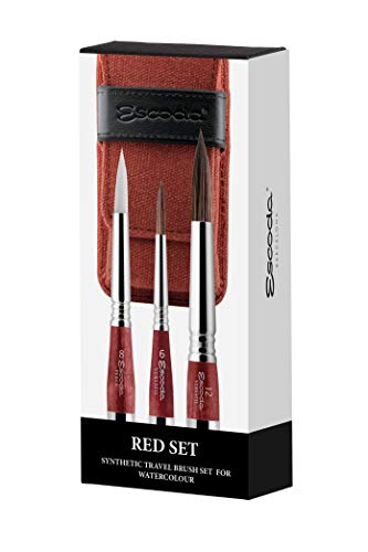 Escoda Red Series: Synthetic Watercolor Travel Brush Set - Versàtil #12, Versàtil #6 and Perla #8