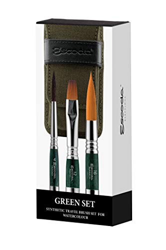 Escoda Green Series: Synthetic Watercolor Travel Brush Set - Último #4, Prado #12, and Barroco #16