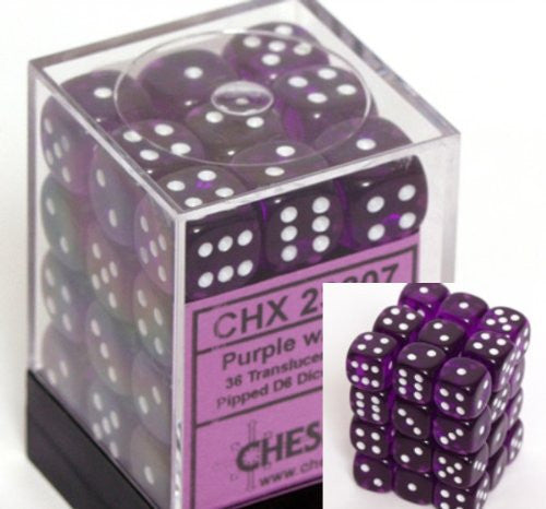 Chessex Dice d6 Sets: Purple with White Translucent - 12mm Six Sided Die (36) Block of Dice