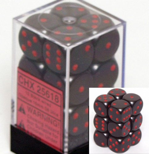 Chessex Dice d6 Sets: Opaque Black with Red - 16mm Six Sided Die (12) Block of Dice