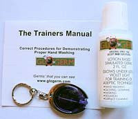 2 oz Glo Germ Gel, Keychain LED light, booklet