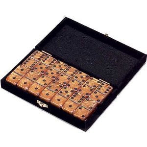 GOLD  DOUBLE SIX DOMINOES   Professional Size  (2” x 1” x ½”)
54 x 28 x 12mm IN A VELVET BOX