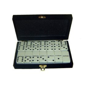 WHITE DOUBLE SIX DOMINOES WITH SPINNERS (2” X 1” X ½”)
 54 x 28 x 12mm IN A VELVET BOX