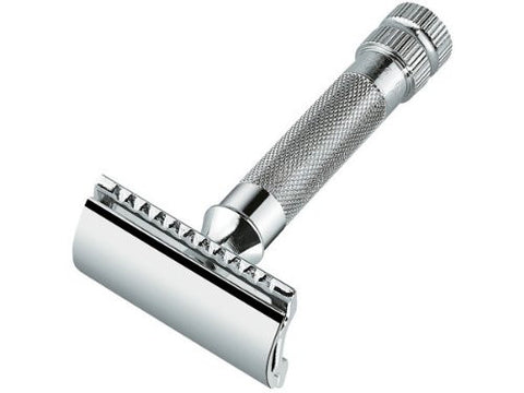 Merkur Safety razors with short handle in cardboard box with 1 sample blade, chrome-plated, straight cut