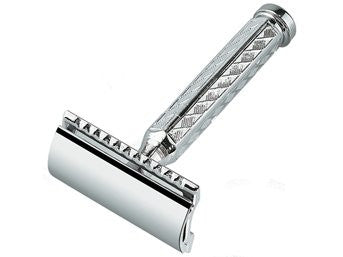 Merkur Safety razors with short handle in cardboard box with 1 sample blade, chrome-plated, straight cut