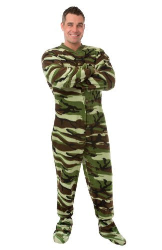 Big Feet Pjs Green Camo Micro-polar Fleece Adult Footed Pajamas with Drop Seat