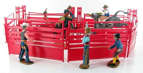 Western Rodeo Deluxe Playset - Bullriders, Clowns, Red / Blue Fence