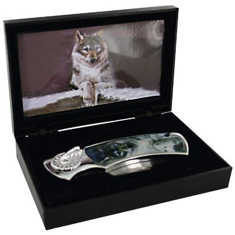 Maxam Lockback Knife with Decorative Wolf Inlay in Display Box