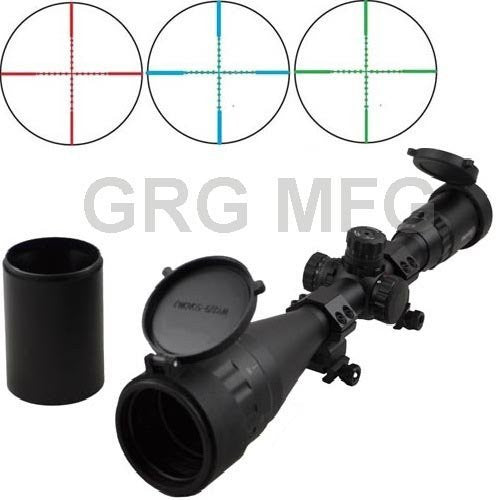 4-16x50mm Scope W front AO adjustment. Red/green Illumination mil-dot reticle. Comes with extended sunshade and Heavy Duty Ring Mount
