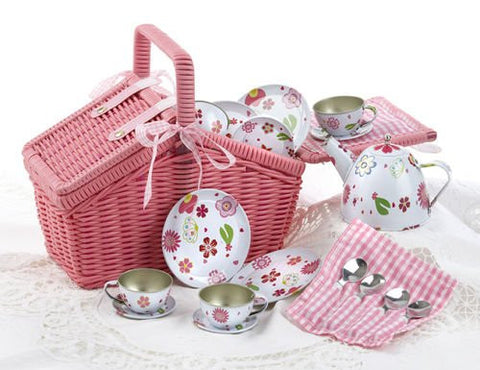 4" Tin 18 Pcs Tea Set for 4 / Picnic Basket, Pink
