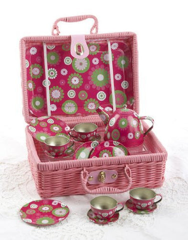 4" Tin 15 Pcs Tea Set for 4 / Basket, Pink/Green