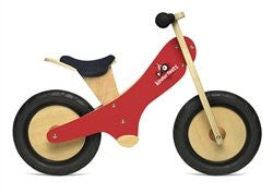 Red Chalkboard wooden balance bike with foot pegs, adjustable seat and EVA airless tires