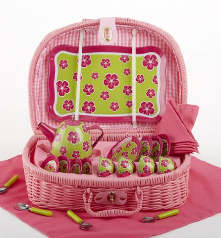 4" Tin 24 Pcs Tea Set in Basket, Pink Lei