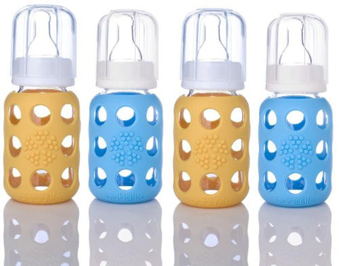 4 oz Glass Baby Bottle -Yellow, Sky Blue