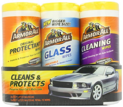 3 Pack Armor All Wipes (Original Protectant, Glass Wipes, Cleaning Wipes) 75 Counts, 25 Counts Each
