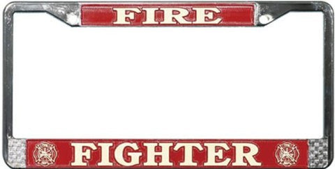 Fire Fighter White on Red, Chrome License Plate Frame