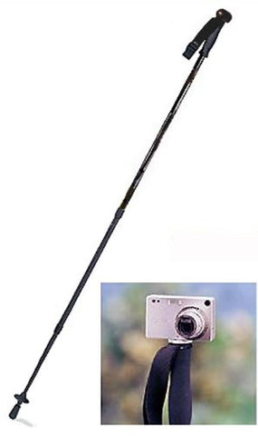 Twist-lock lightweight aluminum telescopic pole extends from 29'' up to 63”. EVA foam grip with ball knob: Integrated camera mount on top; Carbide tip; Rubber end cap, snow disc, compass, thermometer and adjustable nylon wrist strap. 12oz. Black
