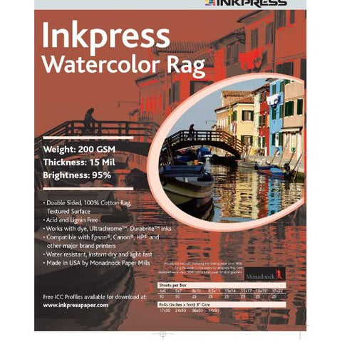 Watercolor Rag 200, Textured Surface, 15 mil, 95 Percent Bright, Single Sided, 8.5 x 11, 25 Sheets