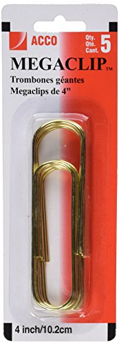 Acco Mega Clip Paper Clips, Gold, 5 Count,  4 Inch
