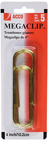 Acco Mega Clip Paper Clips, Gold, 5 Count,  4 Inch