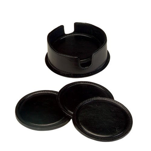 6 LEATHER COASTERS IN LEATHER HOLDER, BLACK