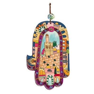 Large Wood Painted Hamsa - Jerusalem, 5.7x3.3 inch