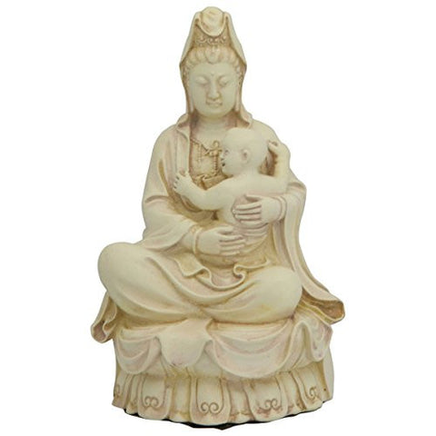 Kuan Yin With Baby Statue, Stone Finish, 9.5 Inches Tall