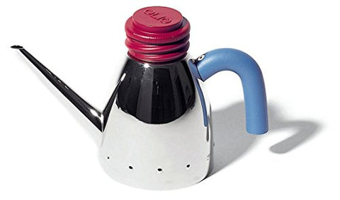 Graves-Oil cruet in steel mirror polished- with handle in PA- Graves Blue and lid in PA- Graves Red- 6 in.