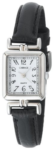 Women's Carriage Silver Tone Rectangular Case Black Leather Band Watch