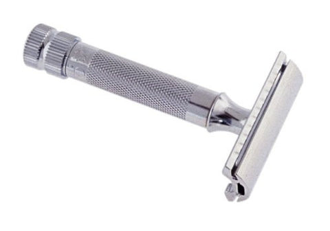 Merkur Safety razors with short handle in cardboard box with 1 sample blade, chrome-plated, straight cut