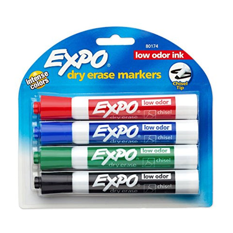 Sanford Expo Dry-Erase Markers, Chisel Point, Nontoxic, Assorted Colors, 4/Pk