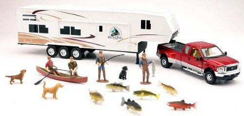 NewRay Toys Theme Set: Dodge 5th Wheel, Wild Hunting Fishing Playset, Ford-350 Fifth Wheel Pickup Truck, Trailer, ATV
