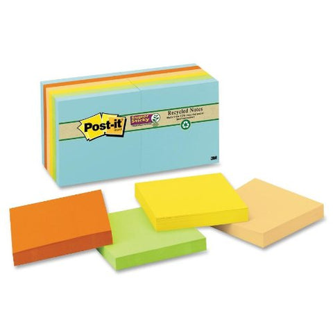 Post-it Recycled Super Sticky Notes, 3 in x 3 in, Bali Collection, 12 Pads/Pack, 90 Sheets/Pad