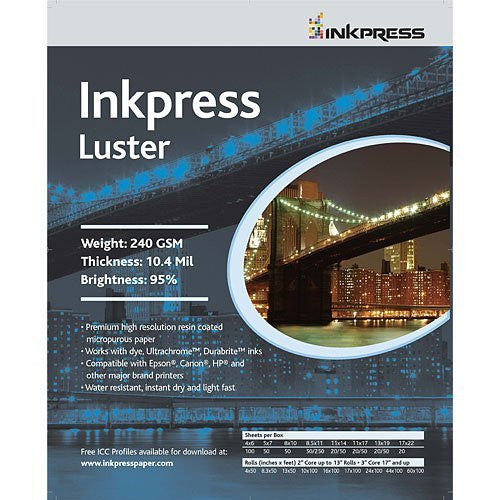 Luster, 240 gsm, 10.4 mil, 94 Percent Bright, Single Sided, 4 x 6, 100 Sheets