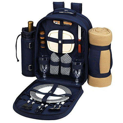 Classic Picnic Backpack with Picnic Blanket for 2 (Color: Navy)