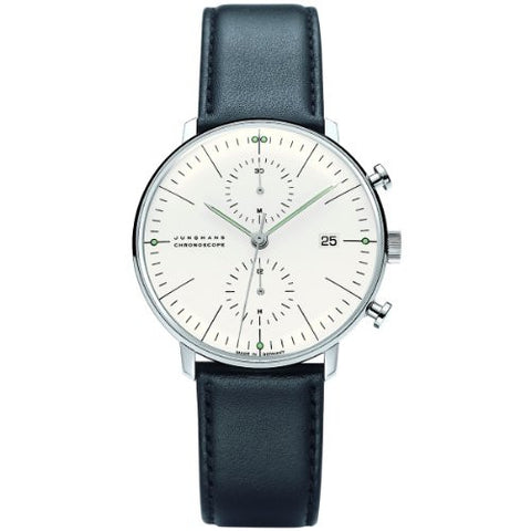 Junghans Max Bill, Chronoscope Wrist Watch
Silver-white Dial, Lines, Date
Black Calf Leather Band