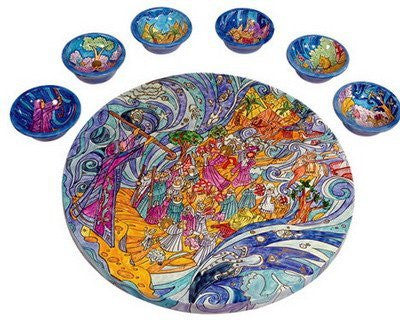 Seder Plate and Six Bowls - The Exodus from Egypt, 12.6x2 inch