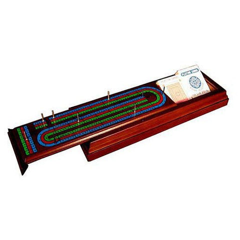 3-Player Walnut Cribbage with slide top - with cards, metal pegs and rules