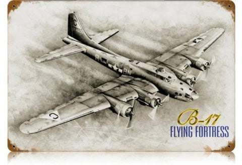 B-17 Flying Fortress vintage metal sign measures 18 inches by 12 inches