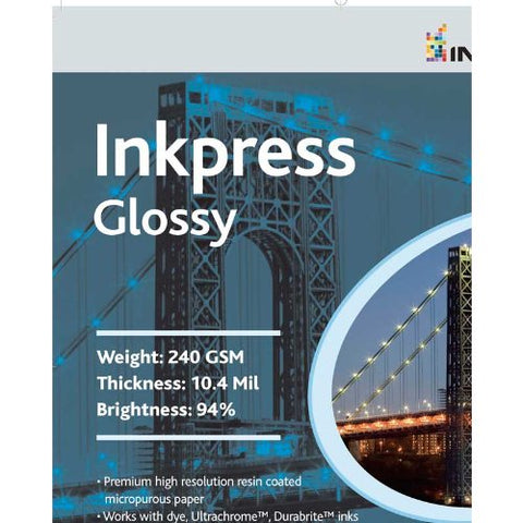 Glossy, 240 gsm, 10.4 mil, 94 Percent Bright, Single Sided, 11 x 17, 100 Sheets