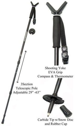 Shooting Stick/Monopod with V Yoke. 3 Sections. Adjustable Height from 30” to 63 1/2”
