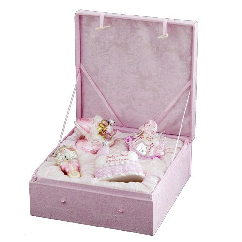 NOBLE GEMS GLASS BABY GIRL ORNAMENT 4 PIECE SET: BOOTIES, ROCKING HORSE, RATTLE AND BASSINET "BABY'S FIRST CHRISTMAS"