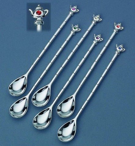 SET OF 6 TEAPOT ICED TEA SPOONS WITH CRYSTAL