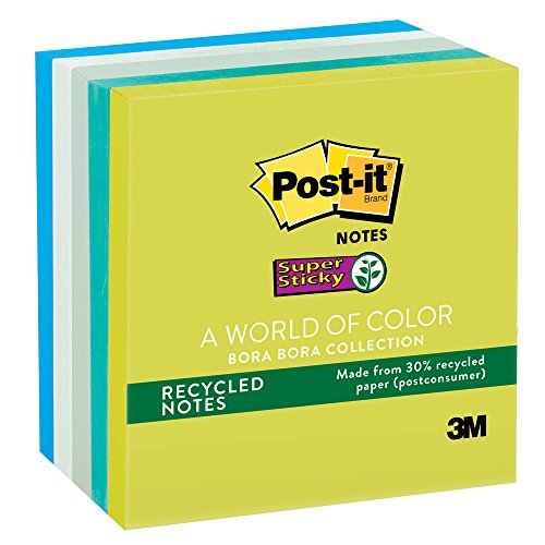 Post-it Recycled Super Sticky Notes, 3 in x 3 in, Bora Bora Collection, 5 Pads/Pack, 90 Sheets/Pad