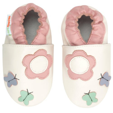 Momo Baby Soft Sole Leather Shoes - Daisy & Butterfly White 6-12 mos/Size 3-4M
