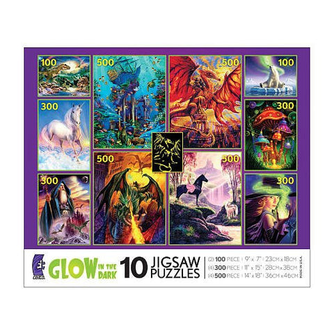 10 Fantasy Glow in the Dark Puzzles (Four 500 Piece Puzzles, Four 300 Piece Puzzles and Two 100 Piece Puzzles) (Wood Fairy, Mystical Unicorn, Lion & Twins, Secret Valley, Arctic Harmony, Living Ocean, Bravery Misplaced, Pyramid & Two Dolphins, Wolfstar, D