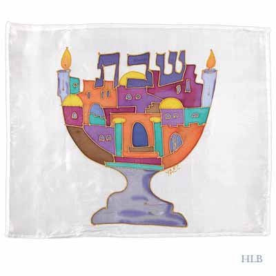 Silk Painted Challah Cover - Simple - Menorah Color, 20x16 inch