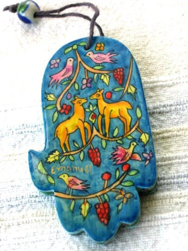 Small Wood Painted Hamsa - Deer, 3.4x2 inch