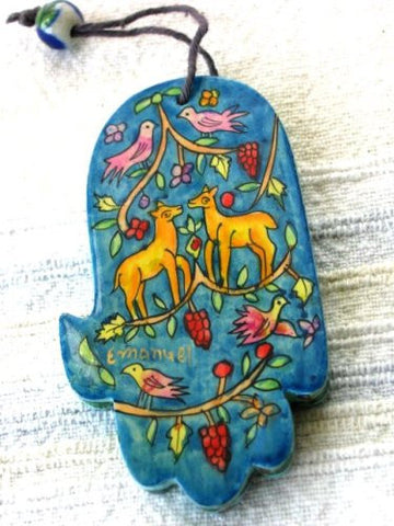 Small Wood Painted Hamsa - Deer, 3.4x2 inch