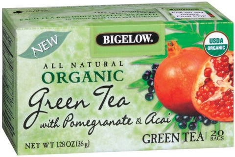 Bigelow Organic Green Tea with Pomegranate & Acai, 1.28-Ounce Boxes (Pack of 6)